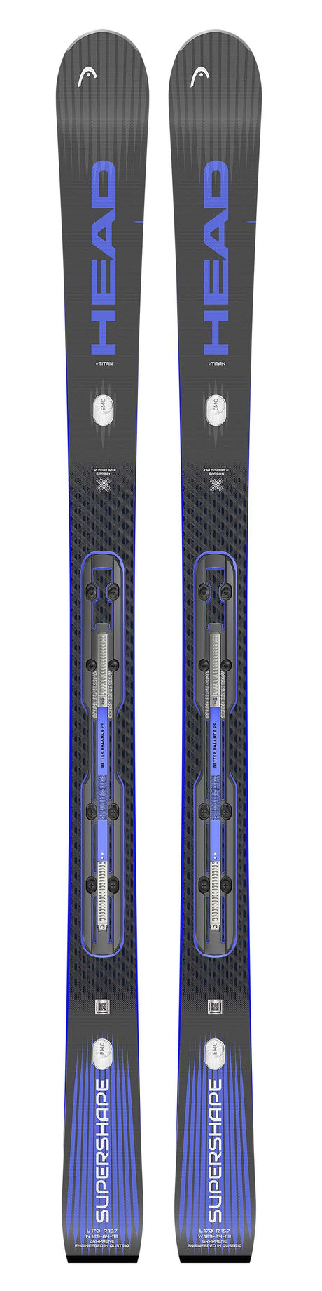E-Titan_PR13-Pair of Head skis with blue and gray design on a white background