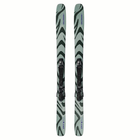 EQST92M11GW-Pair of green and black skis with a brand logo on a white background
