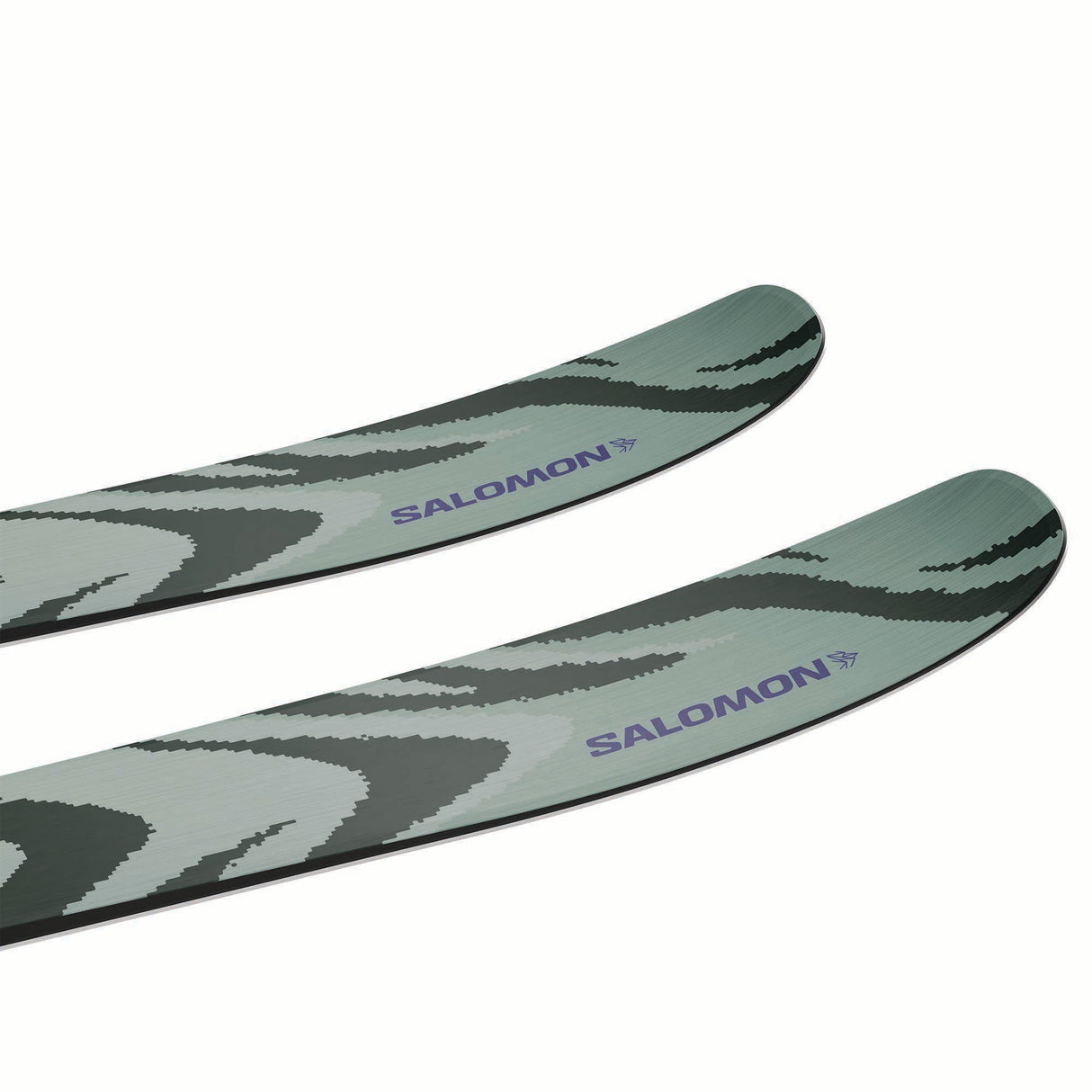 EQST92M11GW-Two green skis with black patterns and 'Salomon' branding on a white background
