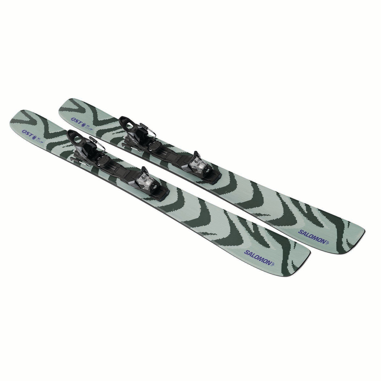 EQST92M11GW-Green and black skis with Salomon branding on a white background
