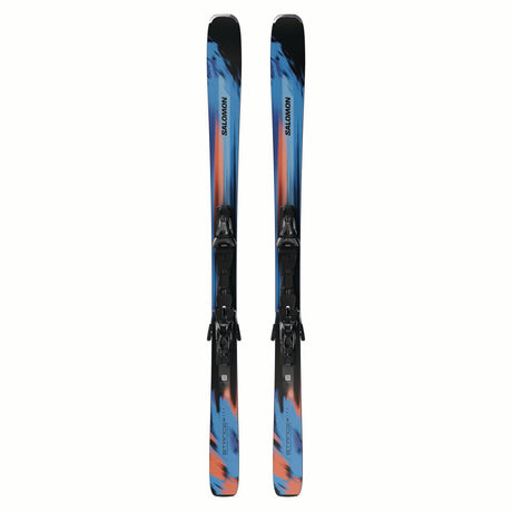 ESTANCE84RMI12GW-Pair of blue and red skis with black bindings on a white background