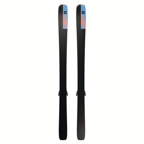 ESTANCE84RMI12GW-Pair of black skis with blue and red accents on a white background