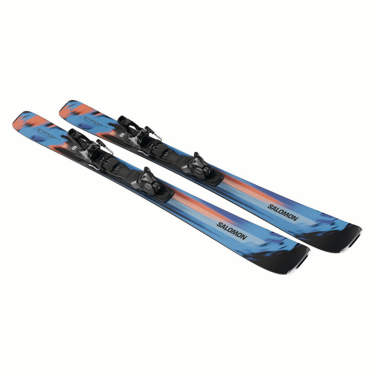 ESTANCE84RMI12GW-Blue and red skis with bindings on a white background