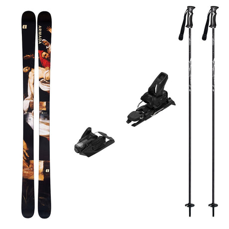 Edollo91w/Strive12-A ski equipment set on a plain white background, including a pair of black skis with a photographic print, two black ski bindings, and two black ski poles with white branding.