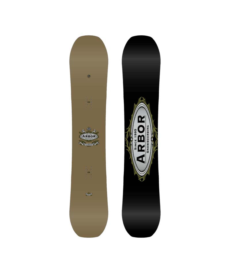 ElementDeacon- Two looks at a snowboards, one beige and one black with a visible brand logo, on a white background.