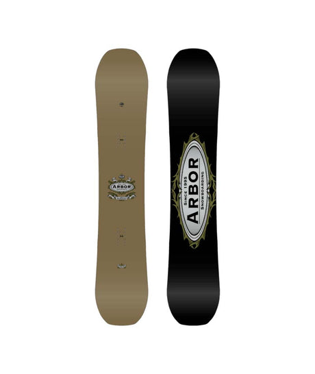 ElementDeacon- Two looks at a snowboards, one beige and one black with a visible brand logo, on a white background.