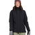 EmeryJacket-A woman wearing a black hooded snowboard jacket, gray gloves, olive green pants, and a maroon knit beanie with ski goggles, standing against a plain white background.