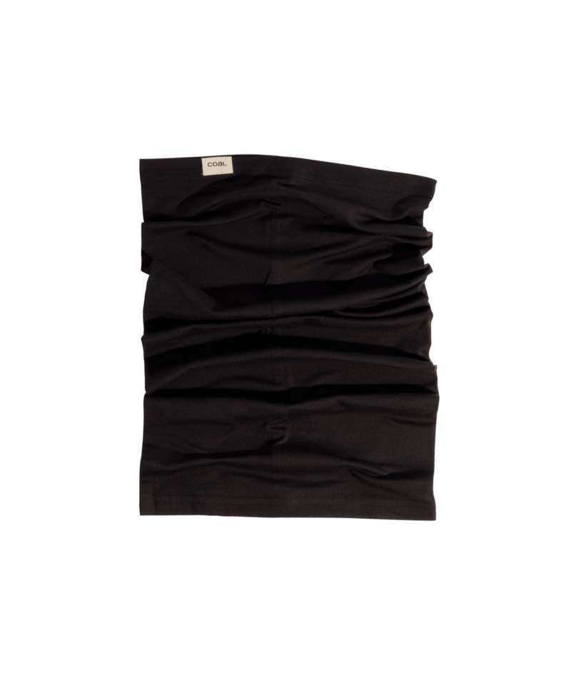 EssentialNeckGaiter-Black neck gaiter with a brand label on a white background