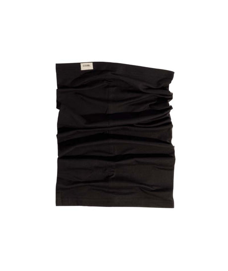 EssentialNeckGaiter-Black neck gaiter with a brand label on a white background