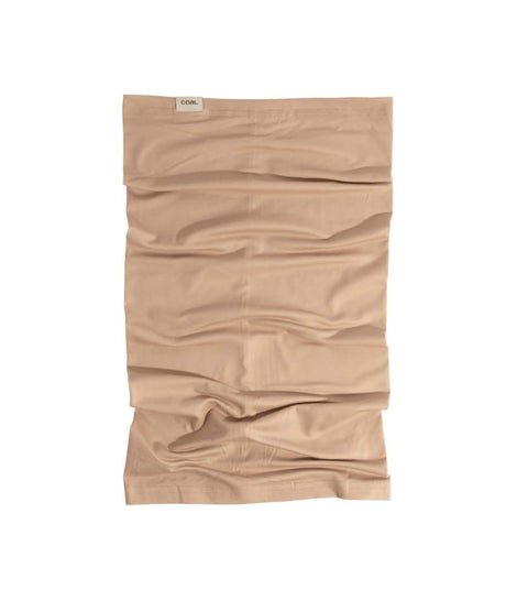 EssentialNeckGaiter-Beige neck gaiter with a brand label on a white background
