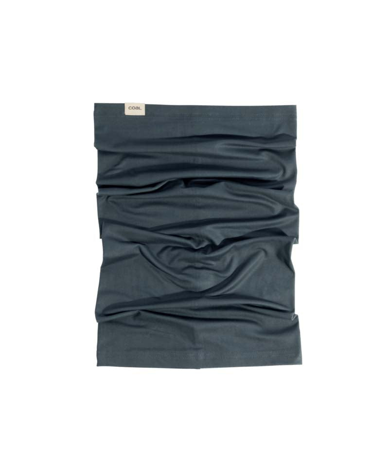 EssentialNeckGaiter-Blue neck gaiter with a brand label on a white background