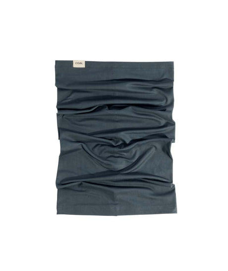 EssentialNeckGaiter-Blue neck gaiter with a brand label on a white background