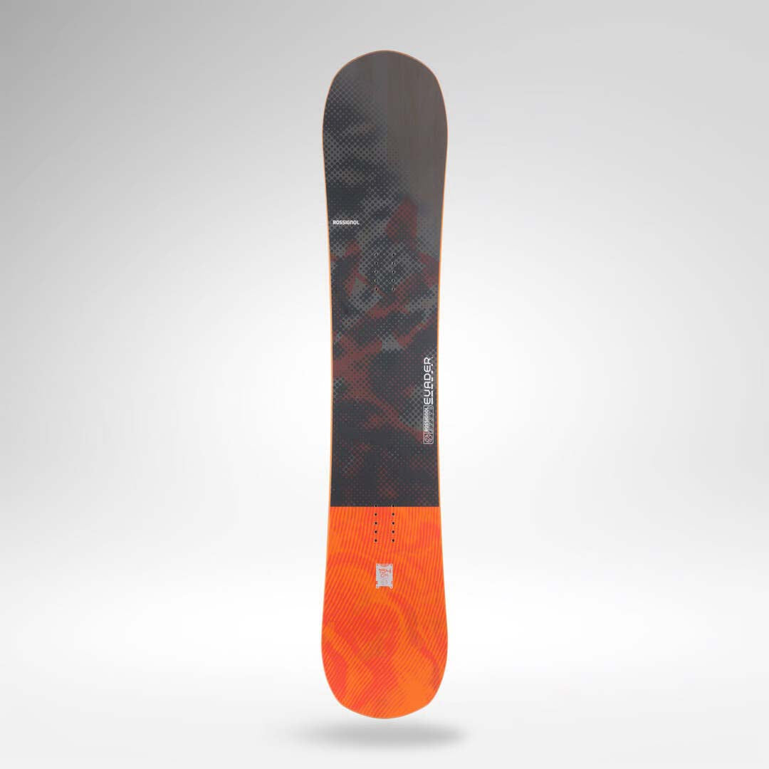 Evader- Grey and orange snowboard on a white background