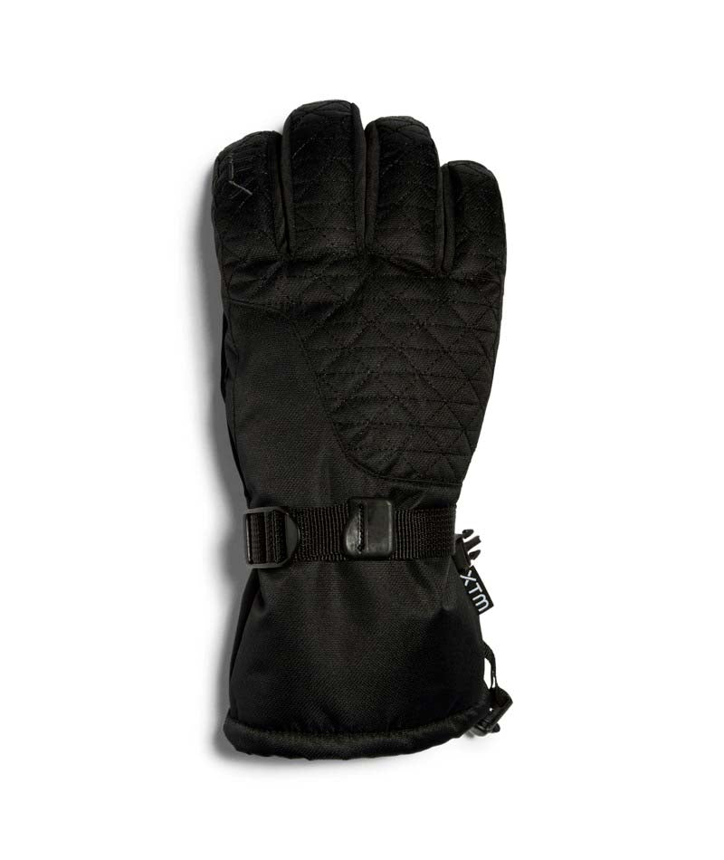 EvieGlove- A single black winter glove with quilted palm paneling, a wrist strap, and a small visible 'Klim' tag, photographed on a plain white background.