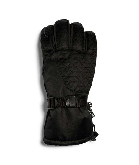 EvieGlove- A single black winter glove with quilted palm paneling, a wrist strap, and a small visible 'Klim' tag, photographed on a plain white background.