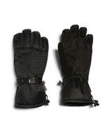 EvieGlove-A pair of black winter gloves shown flat against a white background, displaying both the back of one glove with its diamond-quilted pattern and the front of the other glove with its elastic drawstring cuff.