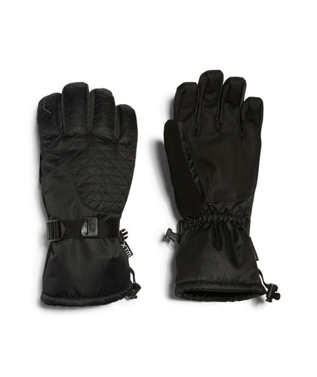 EvieGlove-A pair of black winter gloves shown flat against a white background, displaying both the back of one glove with its diamond-quilted pattern and the front of the other glove with its elastic drawstring cuff.