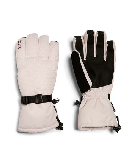 EvieGlove-A pair of ski gloves shown flat against a white background, one glove displaying the back with a black buckle strap and the other showing the palm with black finger protectors.