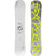 EvilTwin- Two views of a snowboards with one featuring a smiley face design and the other with bright yellow text on a white background.