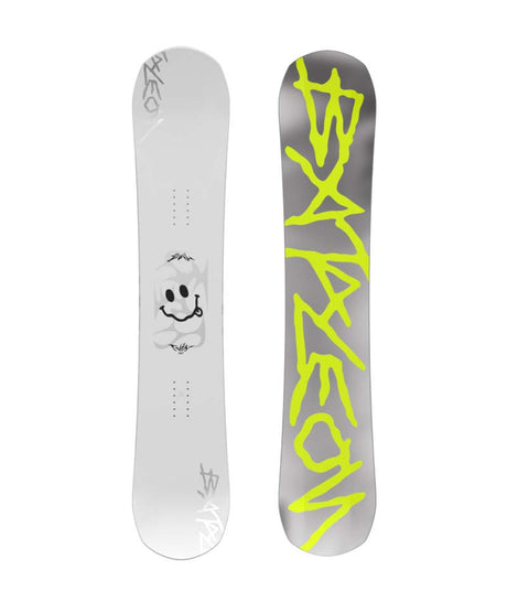 EvilTwin- Two views of a snowboards with one featuring a smiley face design and the other with bright yellow text on a white background.