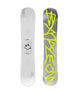 EvilTwin- Two views of a snowboards with one featuring a smiley face design and the other with bright yellow text on a white background.