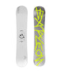 EvilTwin- Two views of a snowboards with one featuring a smiley face design and the other with bright yellow text on a white background.