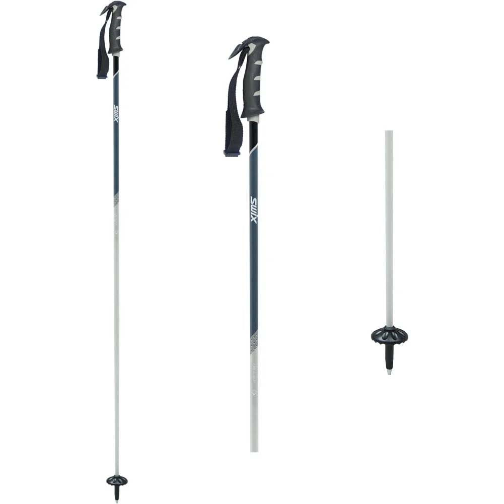 ExcaliburLightSkiPoles- Three views of a pair of ski poles on a plain white background: one fully assembled with a wrist strap, one showing the handle and upper shaft, and one showing only the lower shaft and tip.
