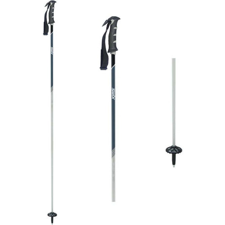 ExcaliburLightSkiPoles- Three views of a pair of ski poles on a plain white background: one fully assembled with a wrist strap, one showing the handle and upper shaft, and one showing only the lower shaft and tip.