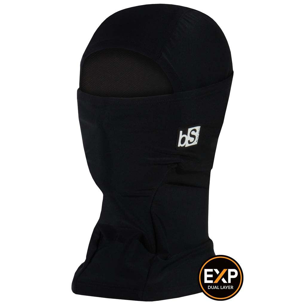 ExpeditionHood-Black balaclava with a logo on a white background