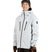 ExposureJacket-A man wearing a light gray ski jacket with black zippers, a dark beanie with goggles, and brown gloves, standing against a plain white background.