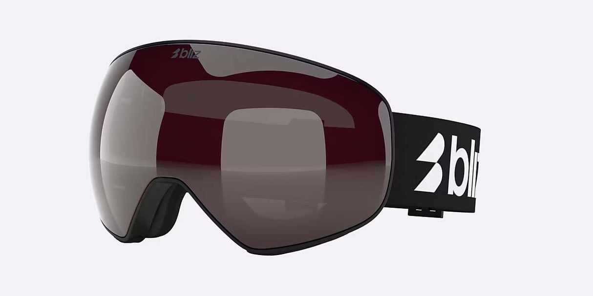 FLoz-Bliz brand ski goggles with a dark burgundy-tinted lens and a black strap featuring a white logo, shown on a light gray background.