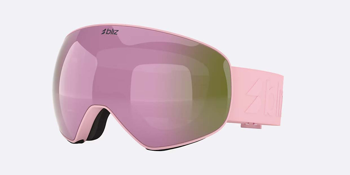 FLoz-Bliz ski goggles with a pink frame and a pink-to-green mirrored lens, shown on a light gray background.