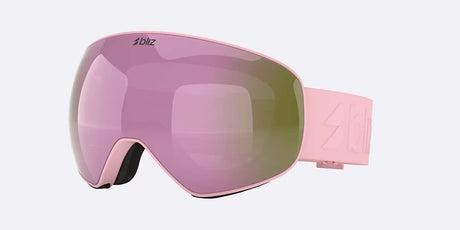 FLoz-Bliz ski goggles with a pink frame and a pink-to-green mirrored lens, shown on a light gray background.