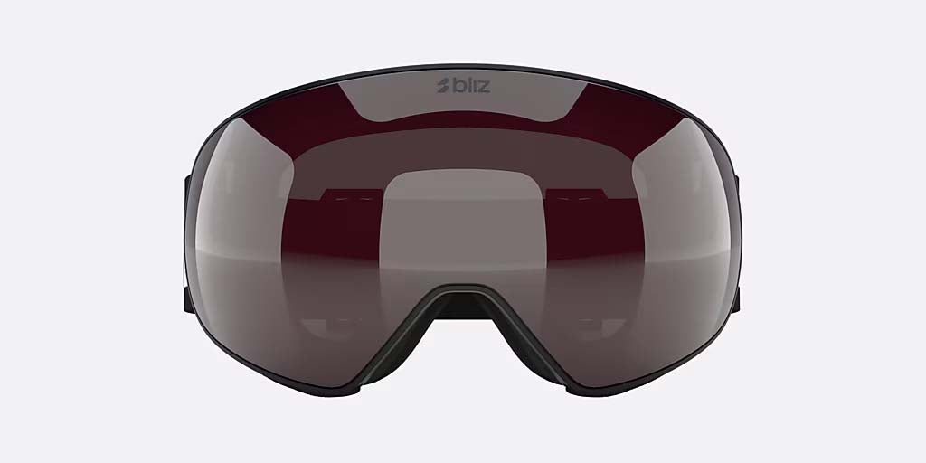 FLoz-Bliz brand ski goggles with a dark burgundy-tinted lens and a black strap featuring a white logo, shown on a light gray background.