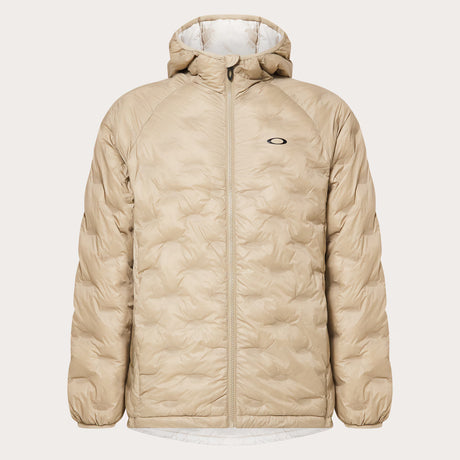 Drift O-Puff Jacket-Beige puffer jacket with a brand logo on a light gray background