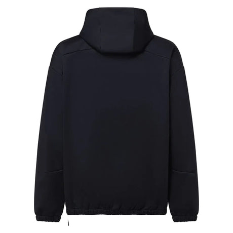 MSolarRailSoftshellHoodie-Black hoodie with a brand logo on a white background
