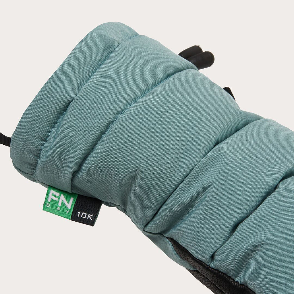 B1B Winter Mitten-Teal winter glove with a brand tag on a light gray background