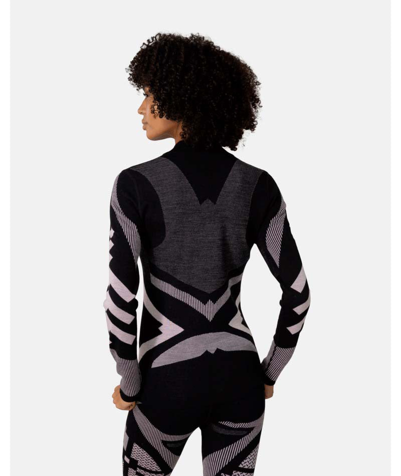Faith1_2Zip-Person wearing a black and gray patterned outfit on a white background