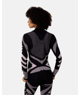 Faith1_2Zip-Person wearing a black and gray patterned outfit on a white background