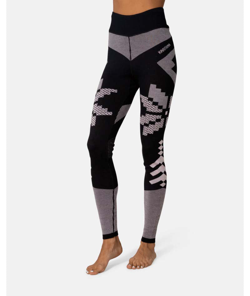 FaithBaseLayerPant-Black leggings with geometric pattern on a white background