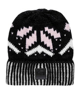 FaithBeanie-Black knit beanie with white and pink pattern on a white background