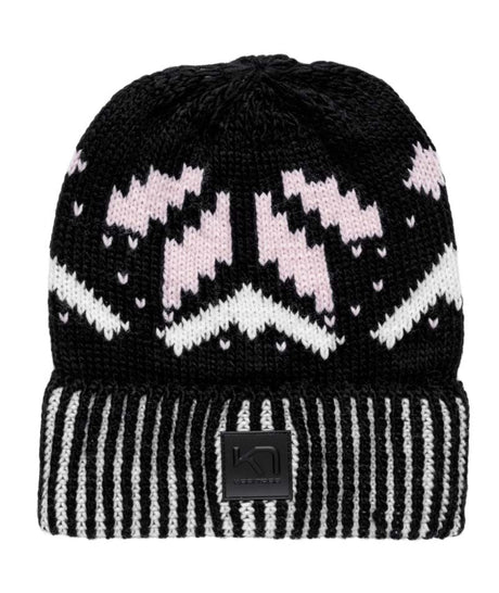 FaithBeanie-Black knit beanie with white and pink pattern on a white background