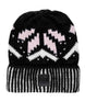 FaithBeanie-Black knit beanie with white and pink pattern on a white background