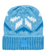 FaithBeanie-Blue knit beanie with mountain pattern on a white background