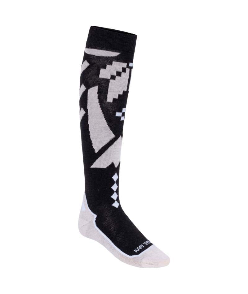 FaithSkiSock-Black knee-high sock with geometric pattern on a white background