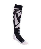 FaithSkiSock-Black knee-high sock with geometric pattern on a white background
