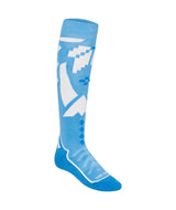 FaithSkiSock-Blue knee-high sock with a white logo on a white background