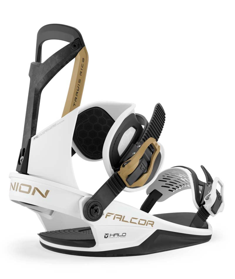 Falcor- White snowboard bindings on a white background