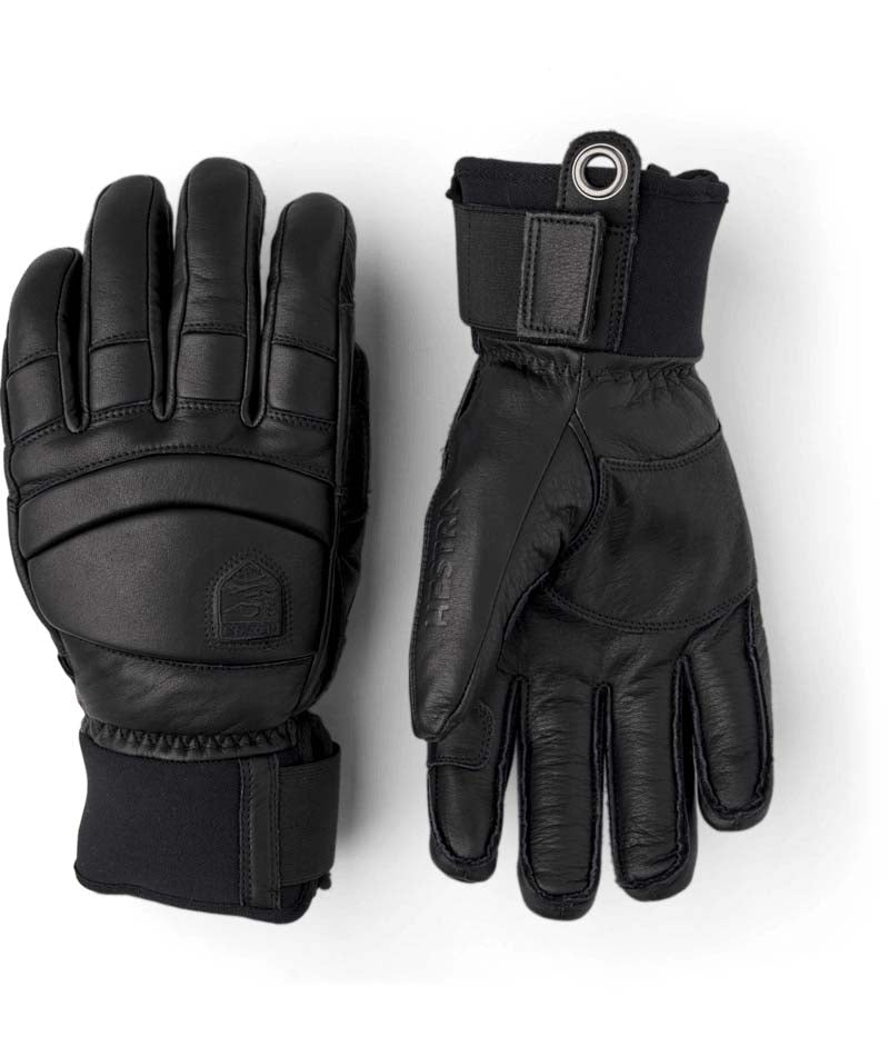 FallLine-Pair of black leather gloves with black cuffs on a white background
