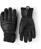 FallLine-Pair of black leather gloves with black cuffs on a white background